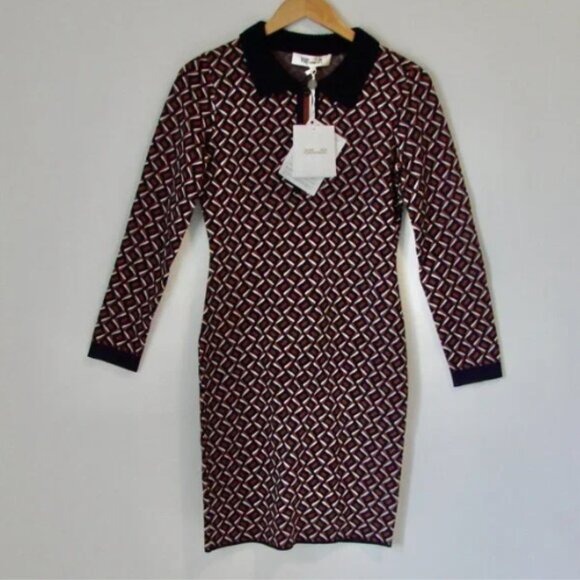 DVF Diane Von Furstenberg Mini Dress Milena Zig Zag Camel Knit Office Small NEW - Picture 4 of 15